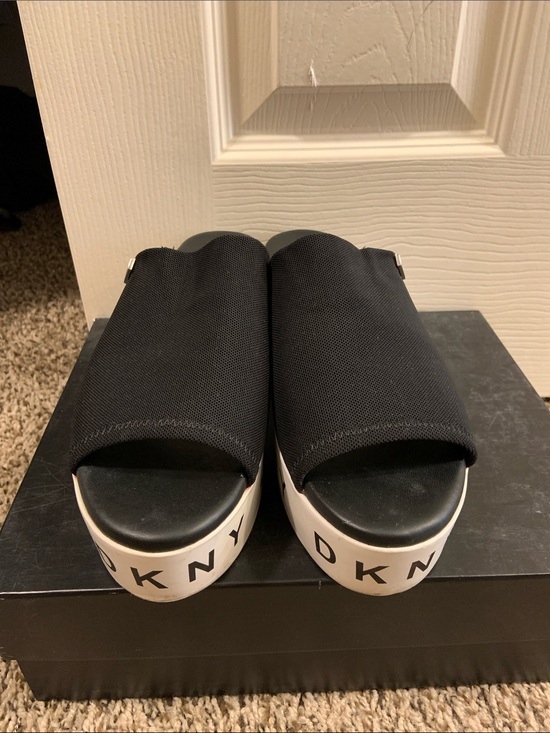 Dkny Shoes - DKNY Black and White Logo Platform Slides